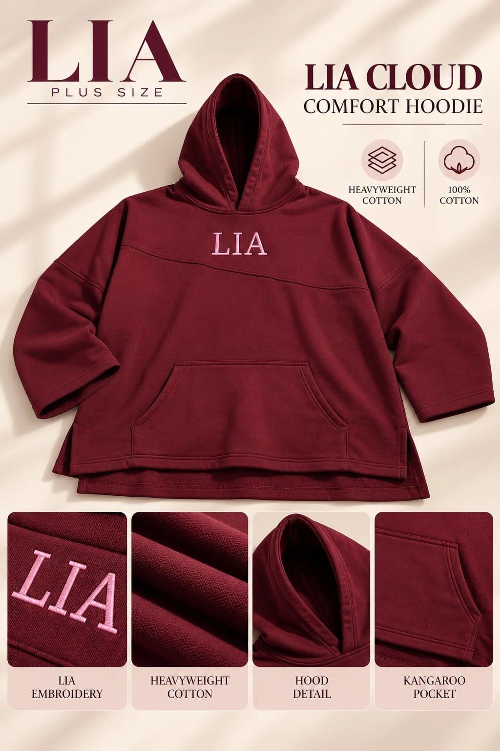 LIA Signature Embroidered Hoodie_Burgundy_One size: 100-150kg