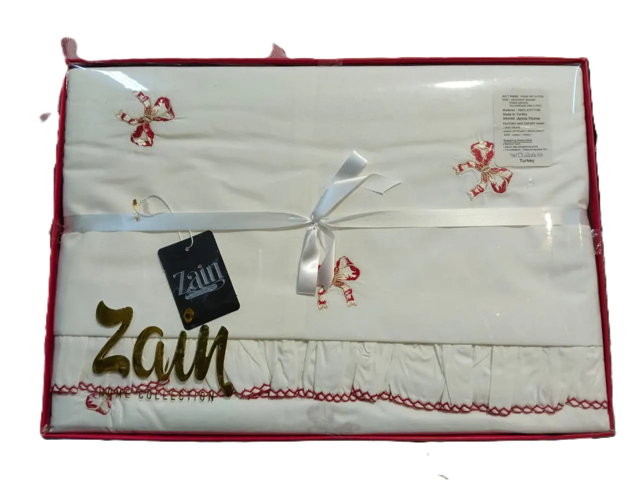 طقم سري كبير 4 قطع تركى فيونكة حمراء ملاية مقاس 260×240 سم عدد 2 خدادية بالاضافة الى كيس مخدة