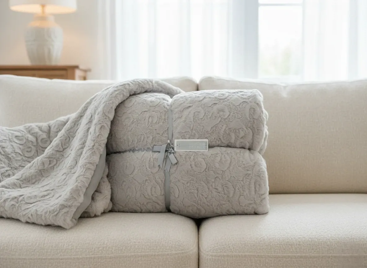 بطانية فرو فاخرة شتوية، رمادي، نقشة زخرفية، 3 قطع من وايت هاوس