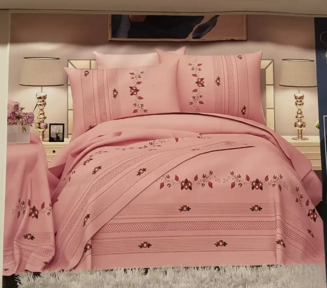 طقم ملاية سرير كبير مطرز يدوىا ملاية مقاس 280×260 سم 2 خدادية مقاس 70×50سم 1 كيس مخدة مقاس 180×45 سم قطن 100%