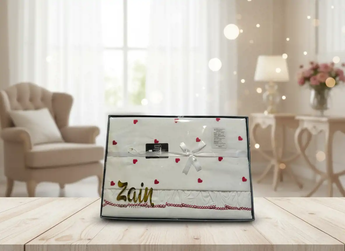 طقم سري كبير 4 قطع تركى قلوب حمراء ملاية مقاس 260×240 سم عدد 2 خدادية بالاضافة الى كيس مخدة