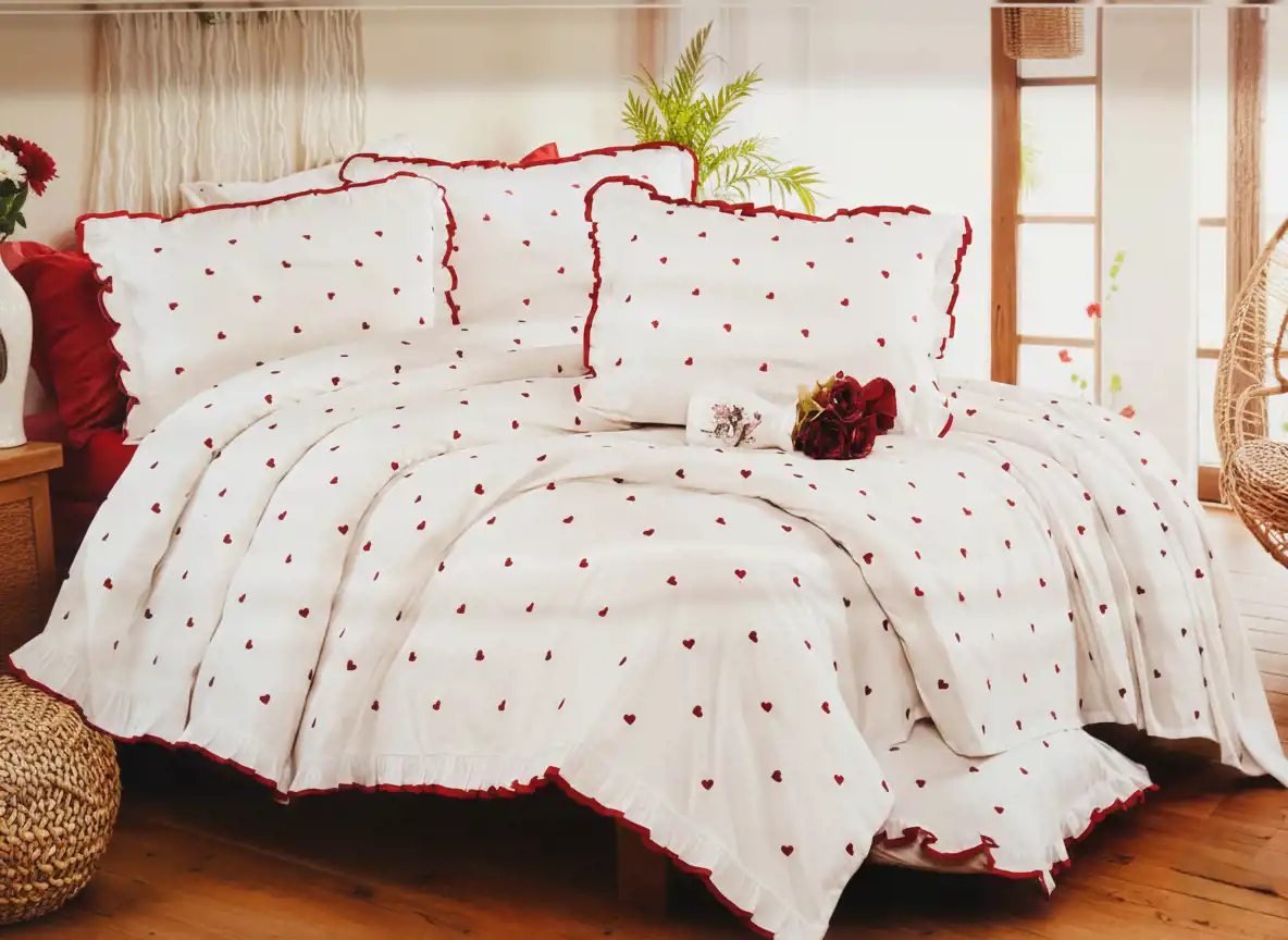 طقم سري كبير 4 قطع تركى قلوب حمراء ملاية مقاس 260×240 سم عدد 2 خدادية بالاضافة الى كيس مخدة