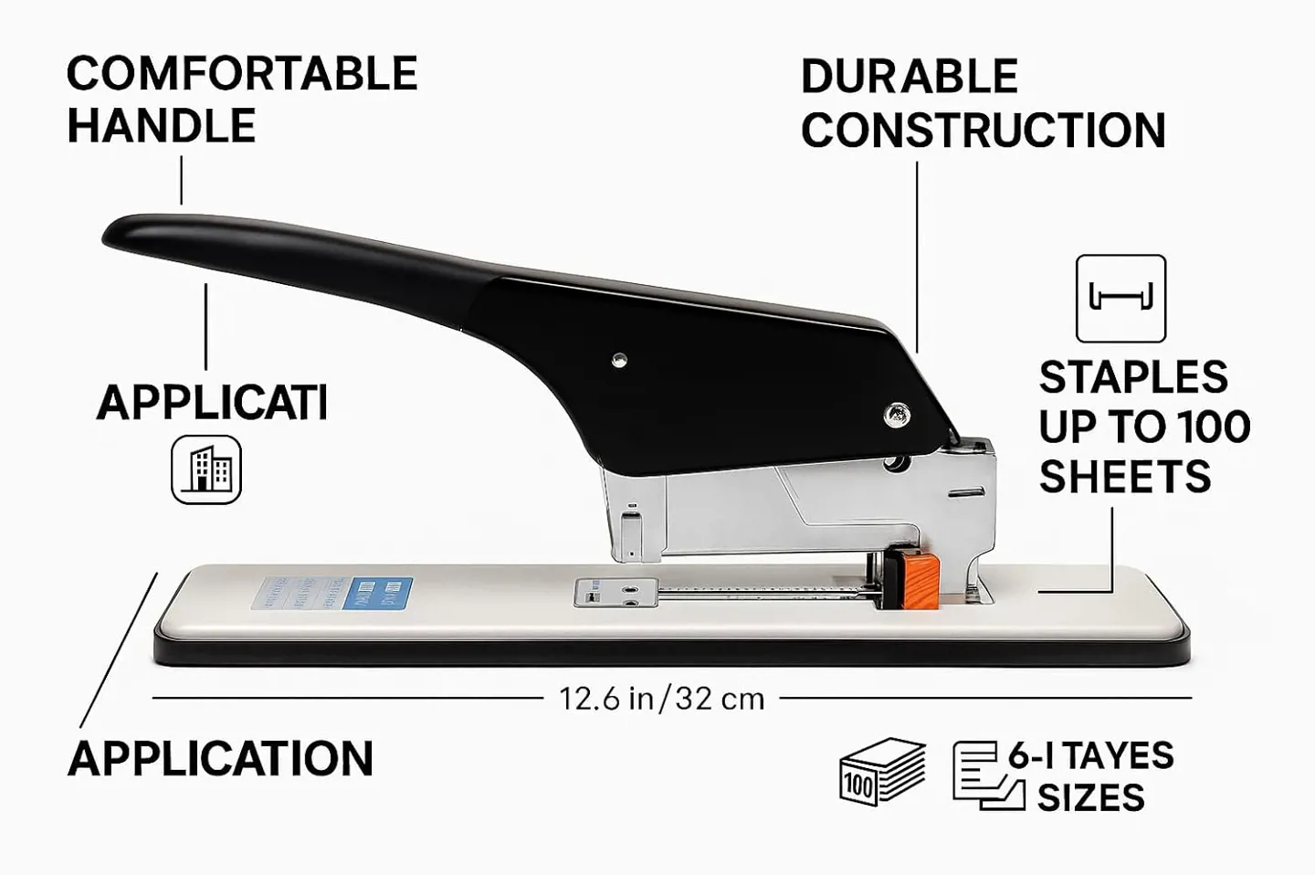 دباسة شديدة التحمل - دباسة عالية السعة للمكتب والمدرسة والعمل - حتى 100-200 ورقة - هيكل معدني متين مع مقبض طويل للتدبيس بدون مجهود
