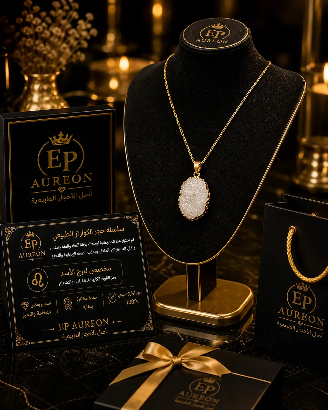  سلسلة حجر الكوارتز الطبيعي الفاخر – طاقة النقاء | EP Aureon