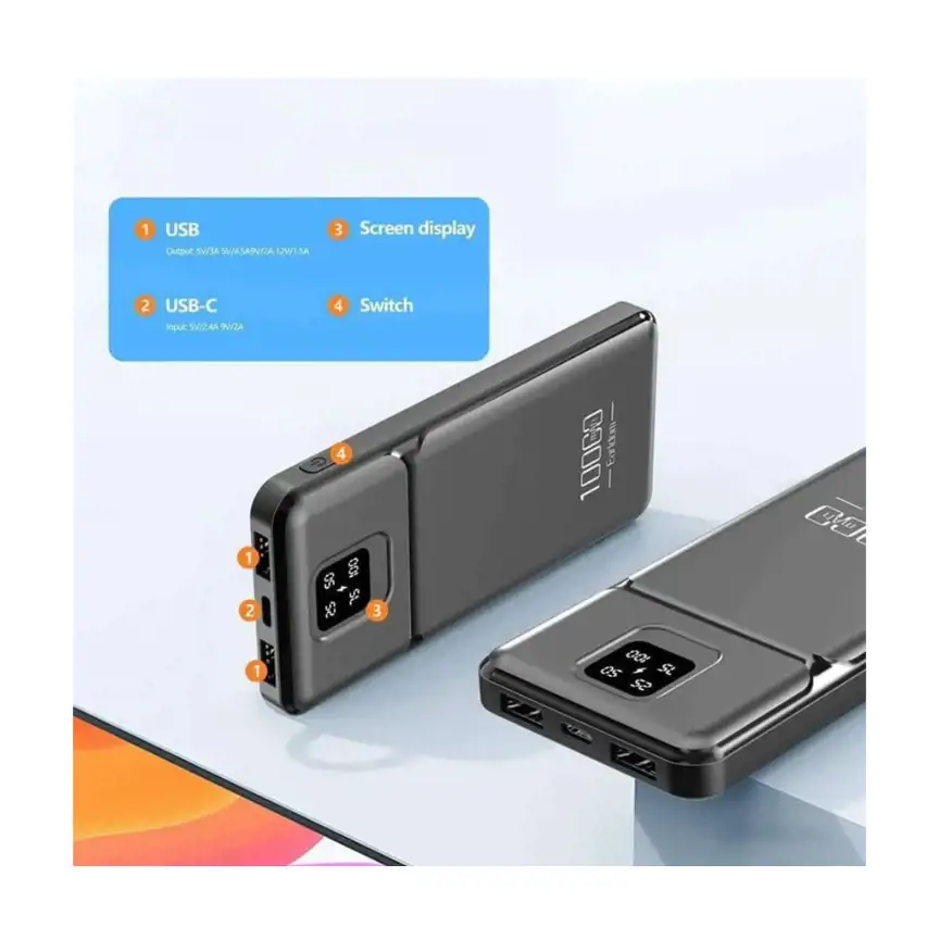 باور بانك إيرلدوم (Earldom) سعة 10000 مللي أمبير - تصميم نحيف وأداء قوي (أسود ملكي)