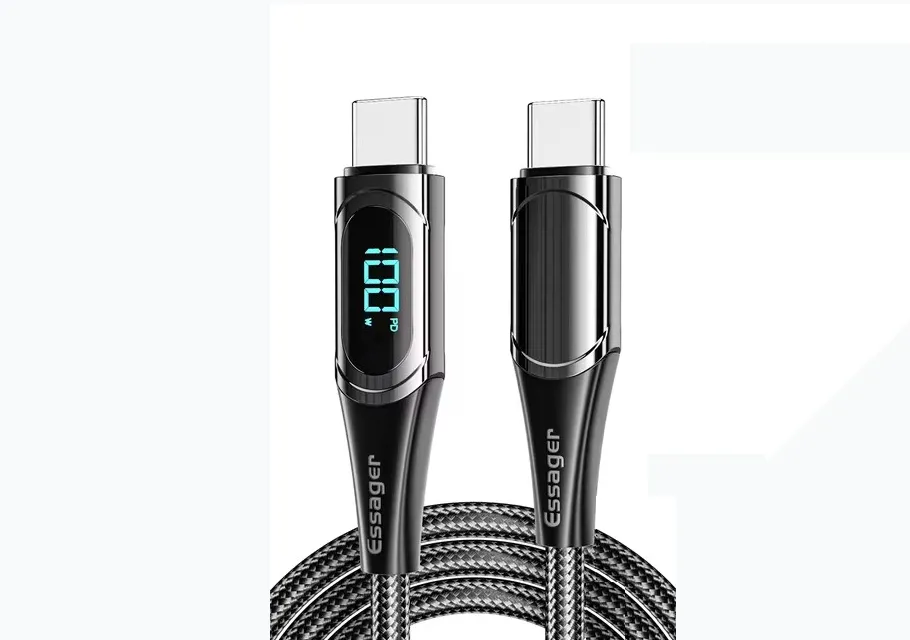 ESSAGER 100W USB C to USB C Cable Fast Charge, Nylon Braided Type-C Cable with LED Display for iPad Air/iPad Pro, MacBook Pro, Samsung Galaxy S21/S10/S9/Plus (3.3ft, Black, 1 Pack)