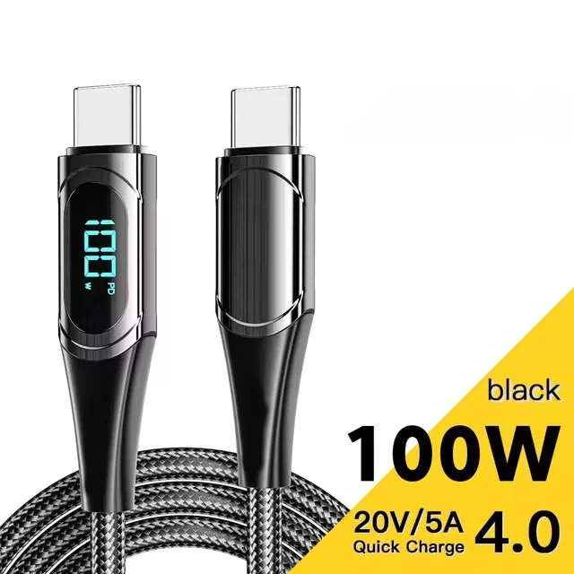 ESSAGER 100W USB C to USB C Cable Fast Charge, Nylon Braided Type-C Cable with LED Display for iPad Air/iPad Pro, MacBook Pro, Samsung Galaxy S21/S10/S9/Plus (3.3ft, Black, 1 Pack)
